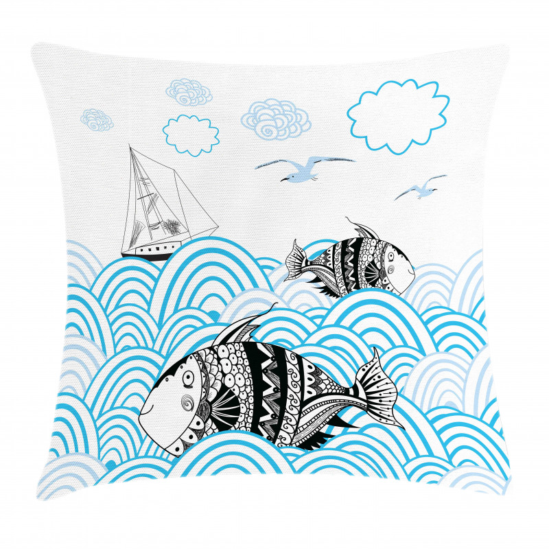 Sketch Boat and Animals Pillow Cover