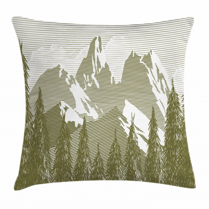 Woodcut Style Mountain Land Pillow Cover