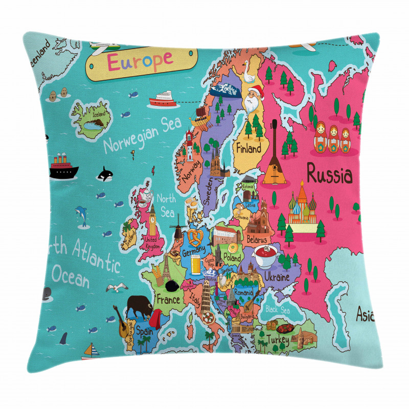 Cartoon Europe Map Landmark Pillow Cover