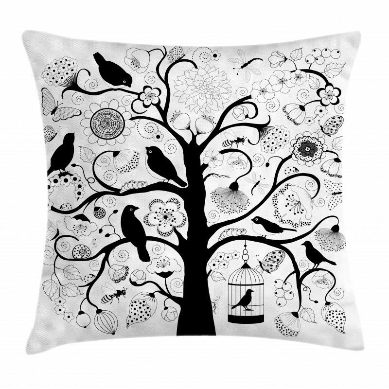 Tree Flowers Birds Pillow Cover