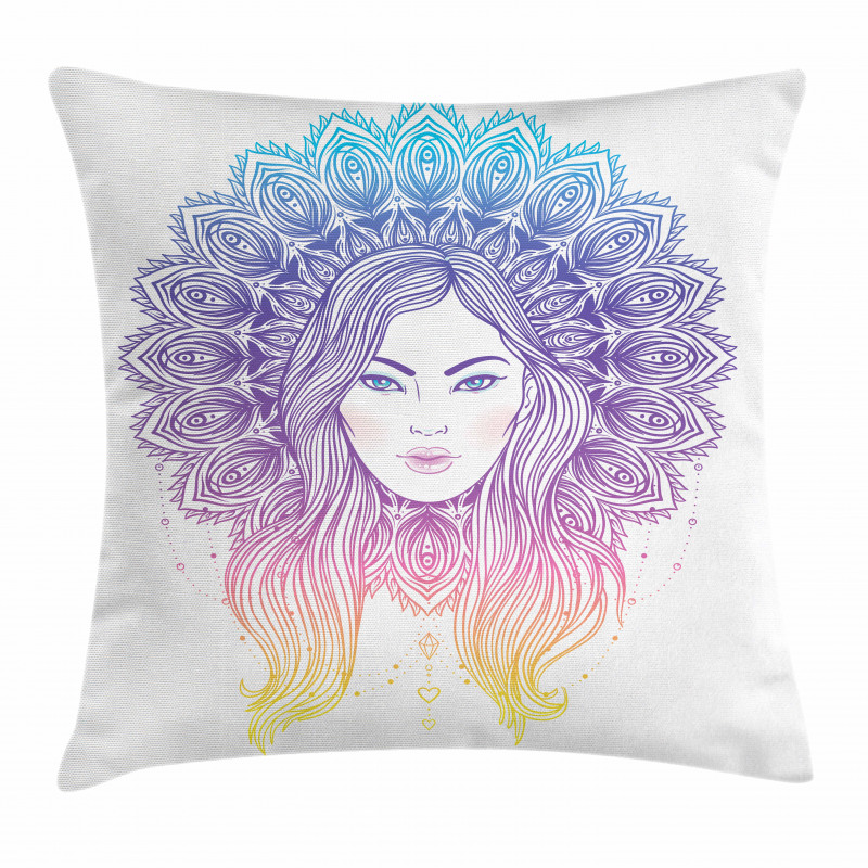 Boho Girl Feather Mandala Pillow Cover