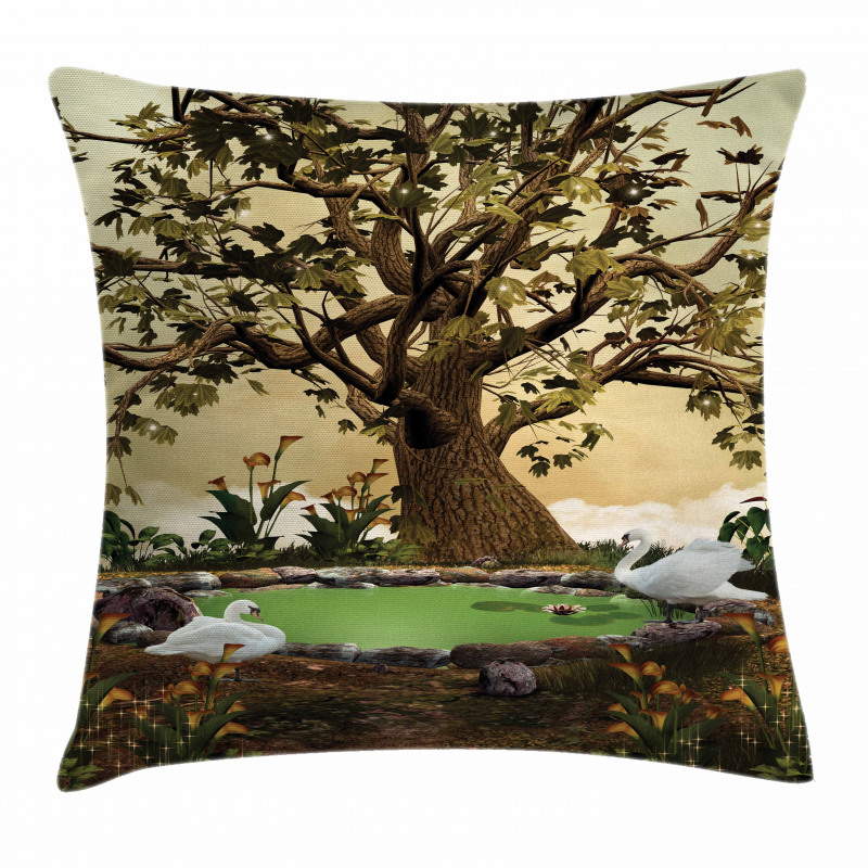Forest Tree Pond and Swans Pillow Cover
