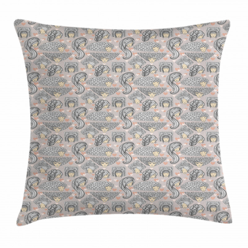 Boho Doodle Girls Hairstyles Pillow Cover