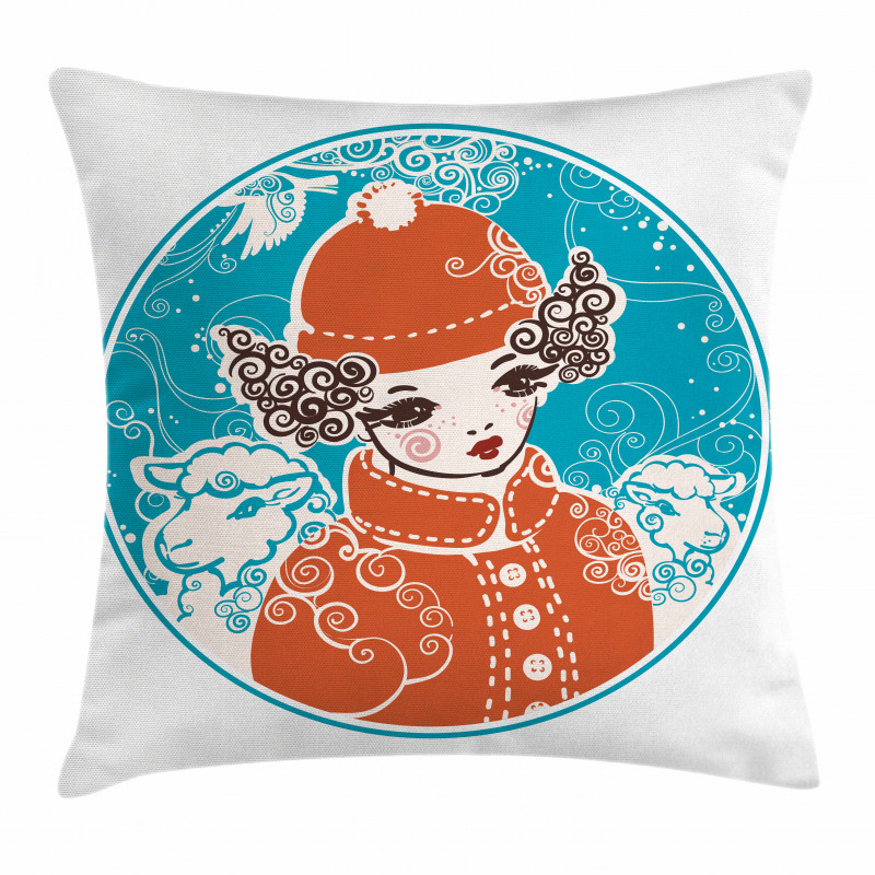 Little Girl in Winter Sheep Pillow Cover