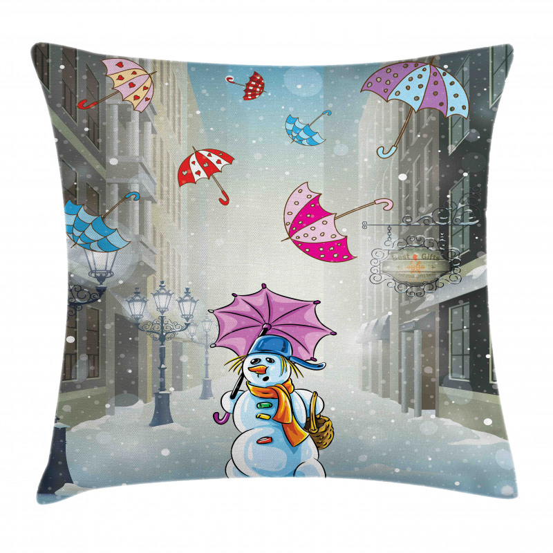 Cartoon Snowman and Umbrella Pillow Cover