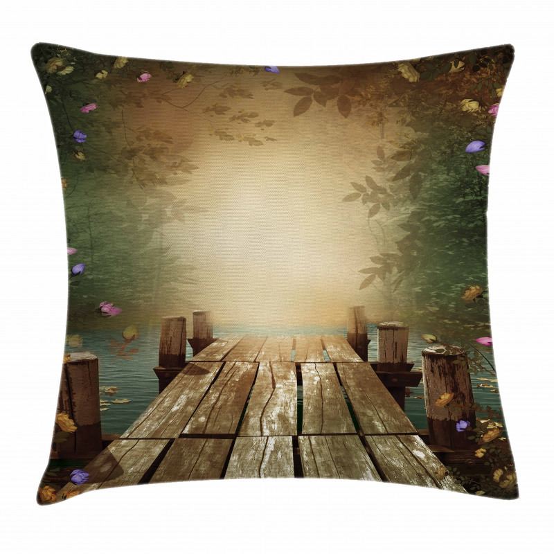 Lake and Blooming Flora Pillow Cover