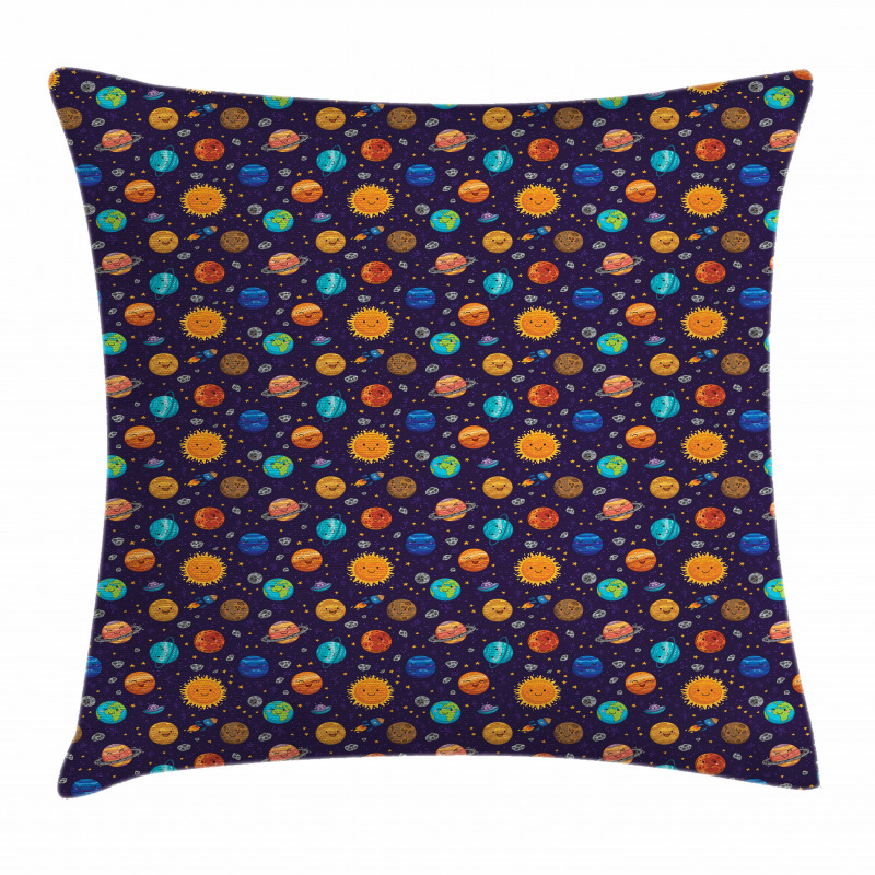 Cheerful Planets and Rockets Pillow Cover