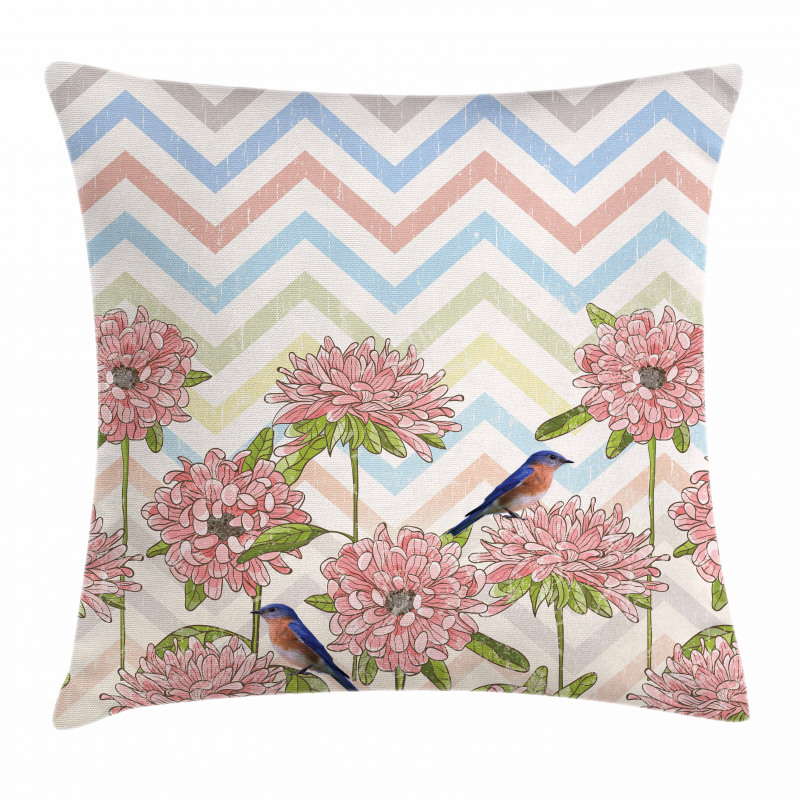 Zigzags Flowers and Birds Pillow Cover