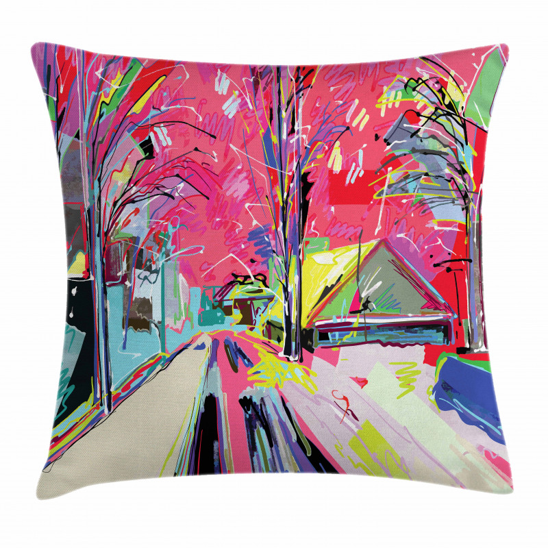 Funky Streets Sketch Trees Pillow Cover