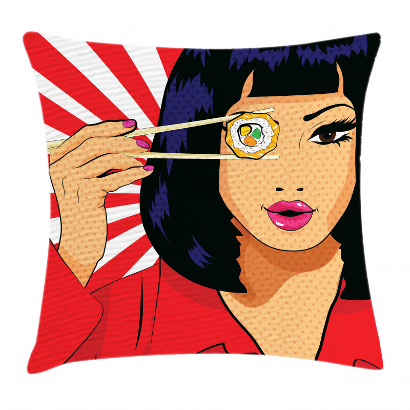 Pop Art Style Girl with Sushi Pillow Cover