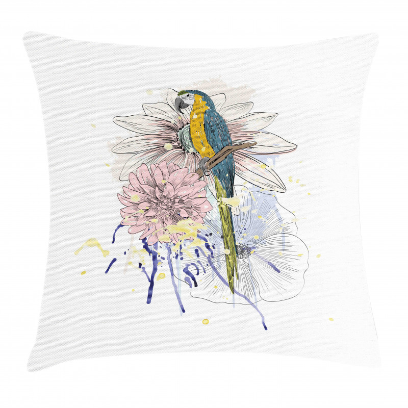 Parrot on Flower Bouquet Pillow Cover