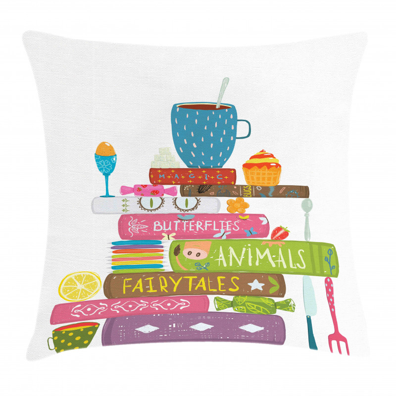 Cup on a Pile of Fantasy Books Pillow Cover