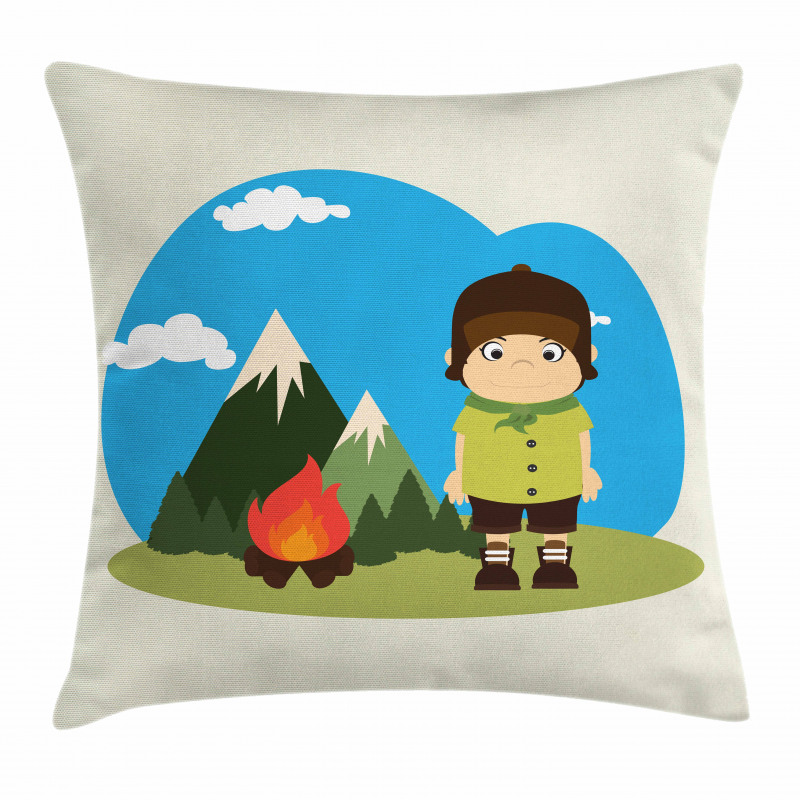 Kid Campfire on Mountains Pillow Cover
