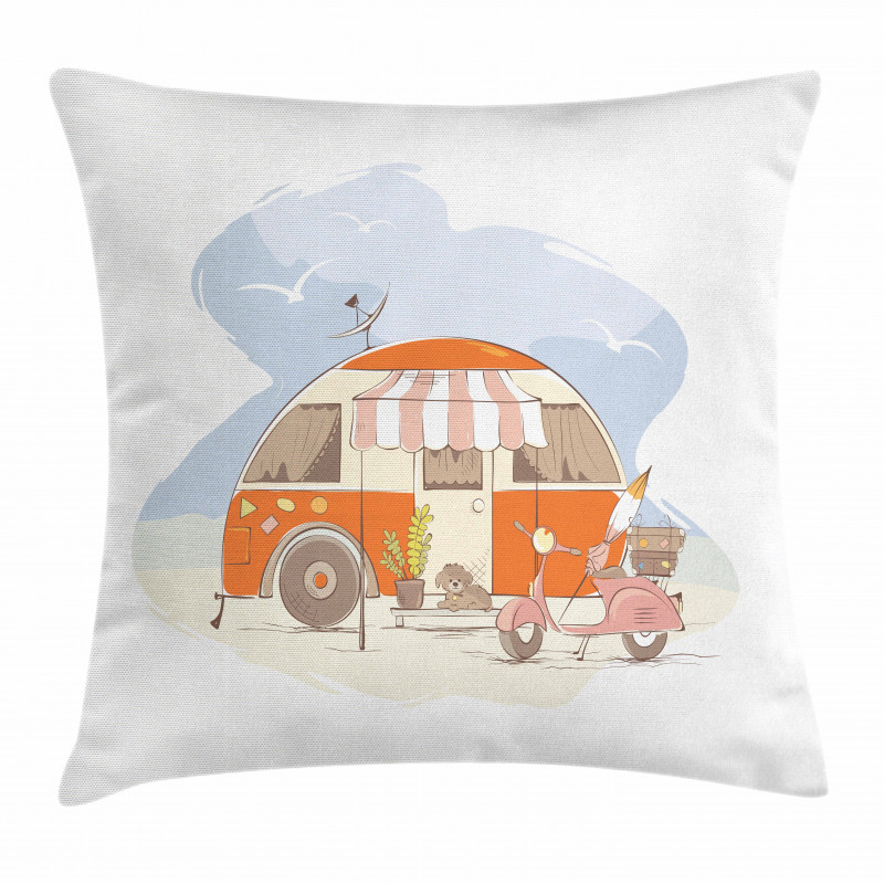 Parked Truck Puppy and Motorbike Pillow Cover