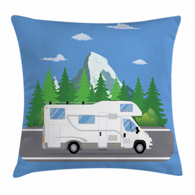 Retro Trailer on Road Forest Pillow Cover