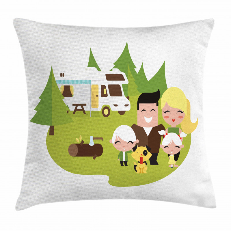 Happy Camper Family in Woods Pillow Cover