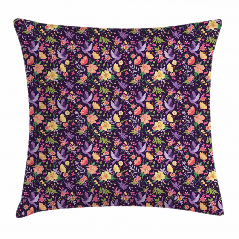 Birds and Colorful Flowers Pillow Cover