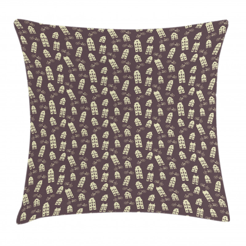 Retro Houses and Bicycles Pillow Cover