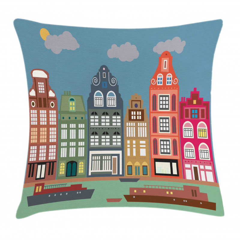 European Houses and Ships Pillow Cover