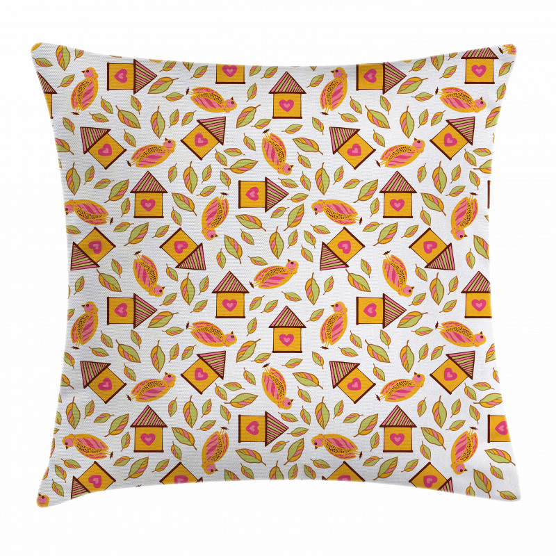 Birds Tiny Houses and Leaves Pillow Cover