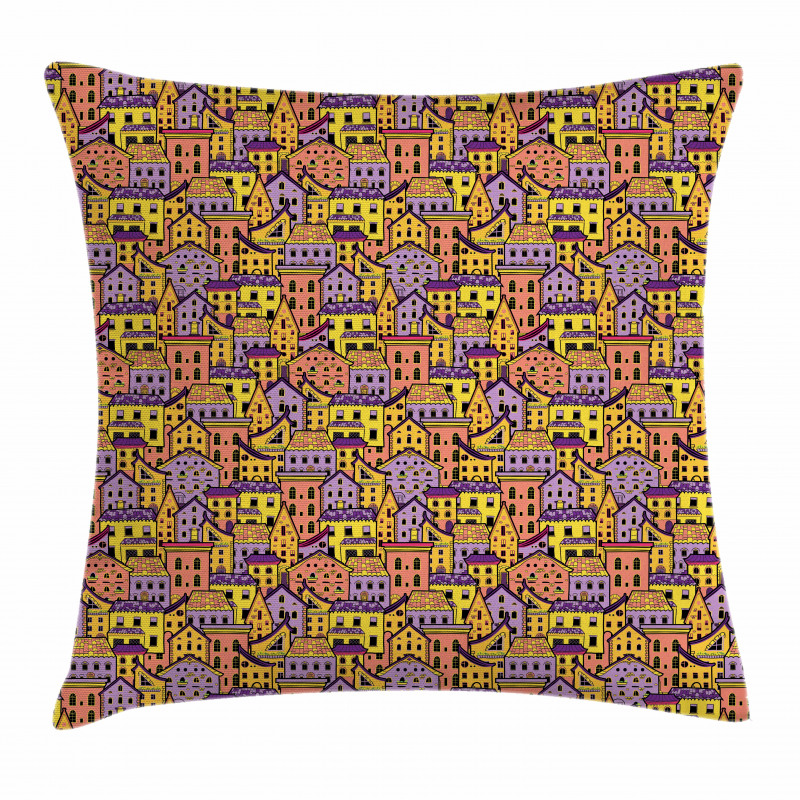 Doodle Colorful Houses Pillow Cover
