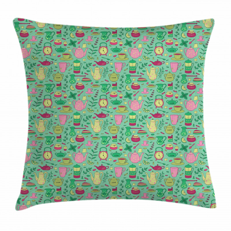 Teapots and Cups on Green Pillow Cover