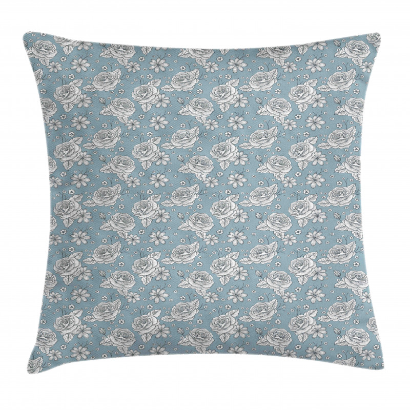 Retro Drawn Blossoms on Blue Pillow Cover