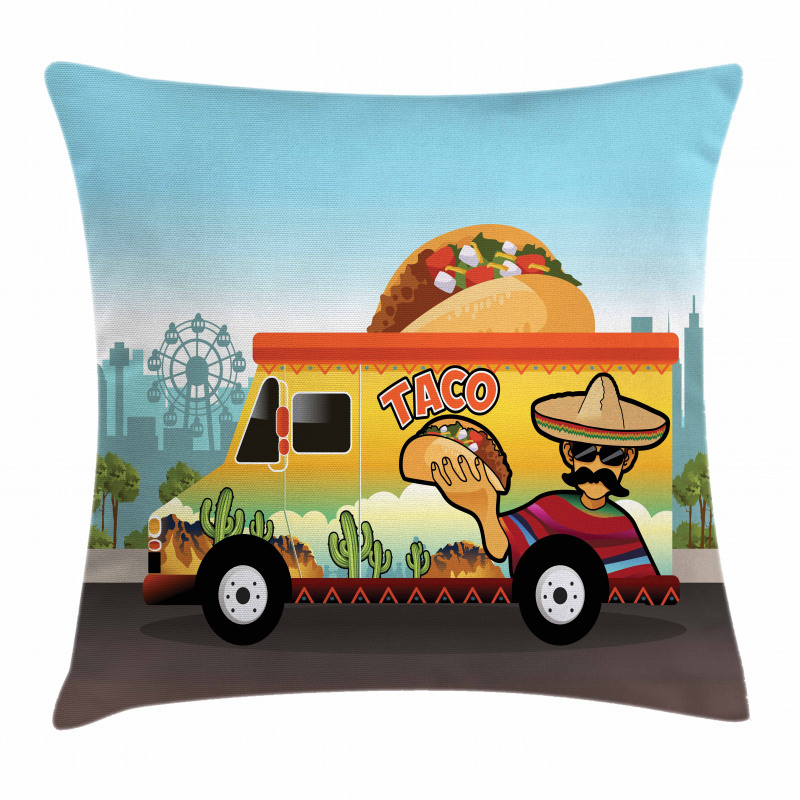Taco Truck on Road in City Pillow Cover