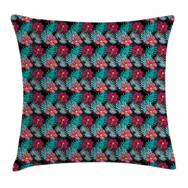 Hibiscus Monstera Leaves Pillow Cover