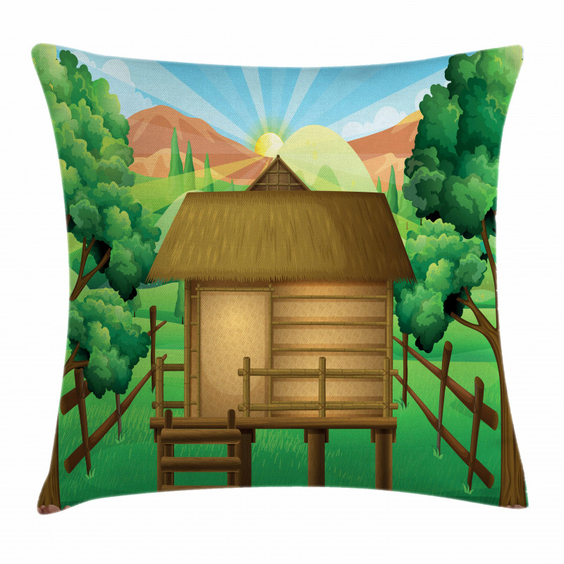 Wooden Hut Shelter and Sun Pillow Cover