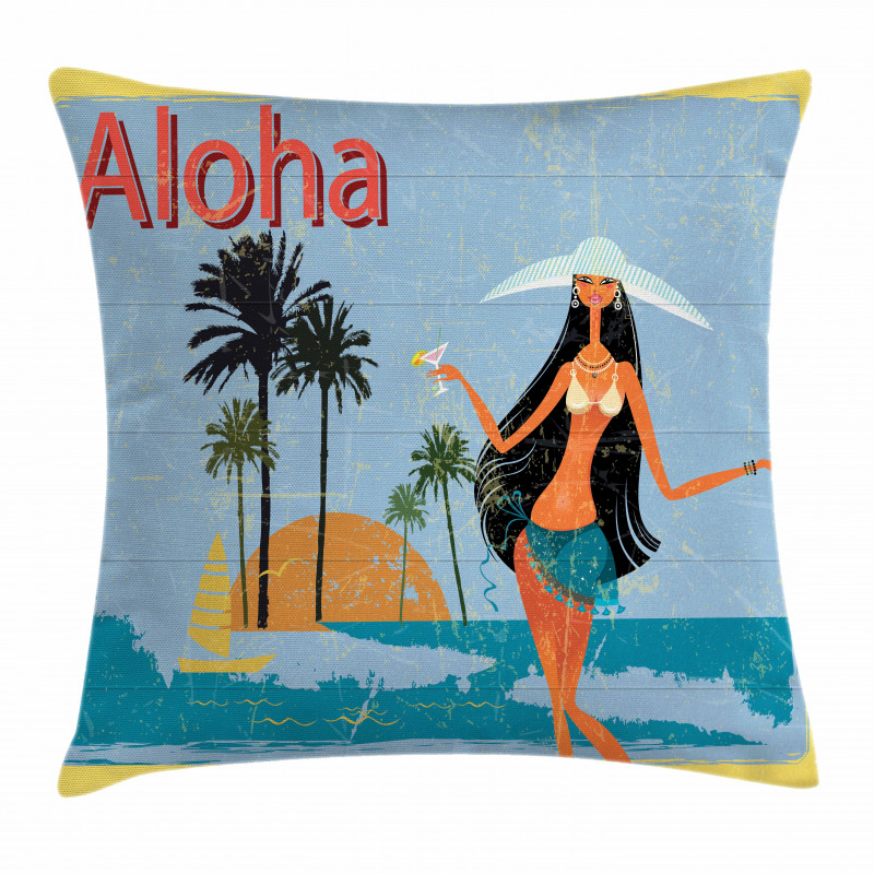 Brunette Hair Hawaiian Lady Pillow Cover