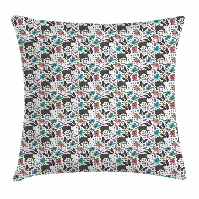 Boston Terriers and Flowers Pillow Cover