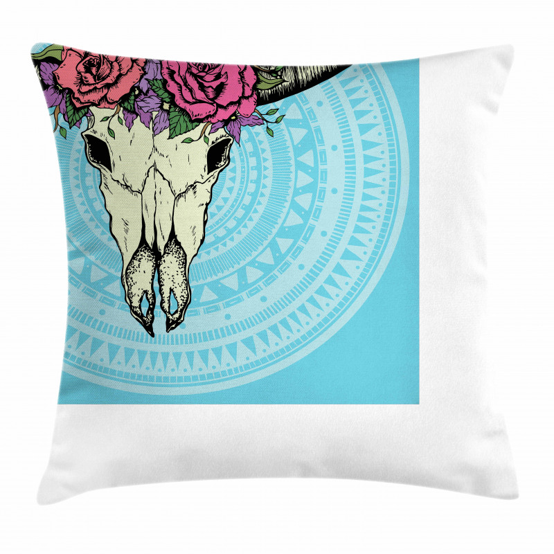 Buffalo Skull with Flowers Pillow Cover