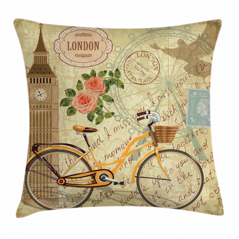 Stamp Big Ben and Bicycle Pillow Cover