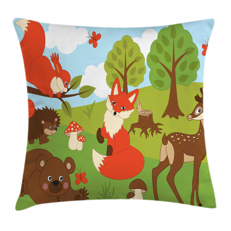 Happy Animals in Forest Pillow Cover