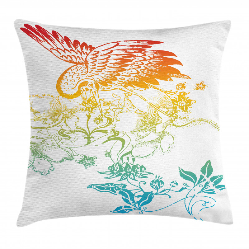 Oriental Bird with Flowers Pillow Cover