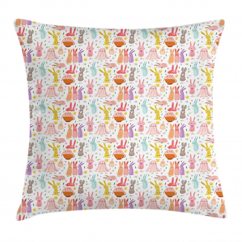 Colorful Rabbits Pink Hearts Pillow Cover