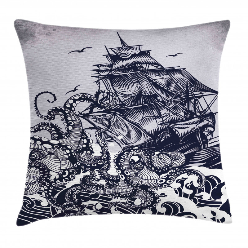 Octopus and Ship in Storm Pillow Cover