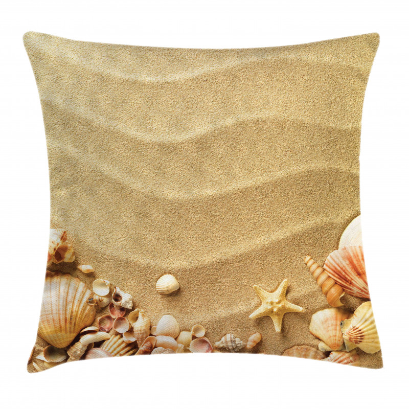 Various Seashells on Sand Pillow Cover