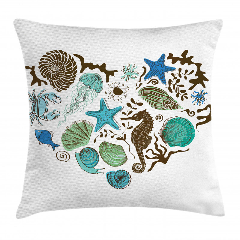 Heart with Aquatic Animals Pillow Cover