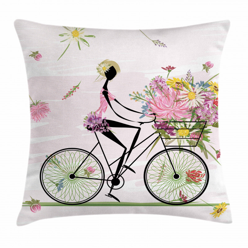 Girl Riding Bike Flowers Pillow Cover