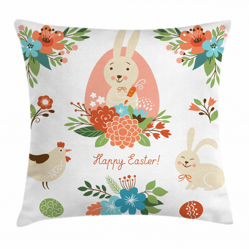 Pastel Bunny Flowers Cartoon Pillow Cover