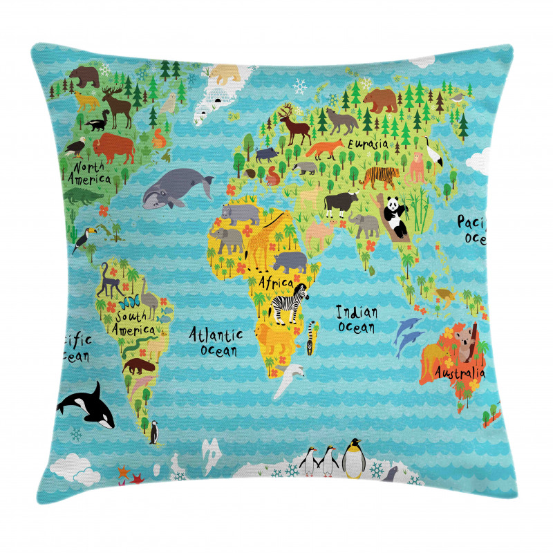 Kids World Map of Animal Pillow Cover