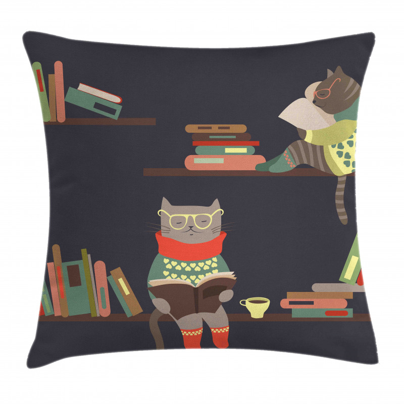 Funny Bookshelf Cat Reading Pillow Cover