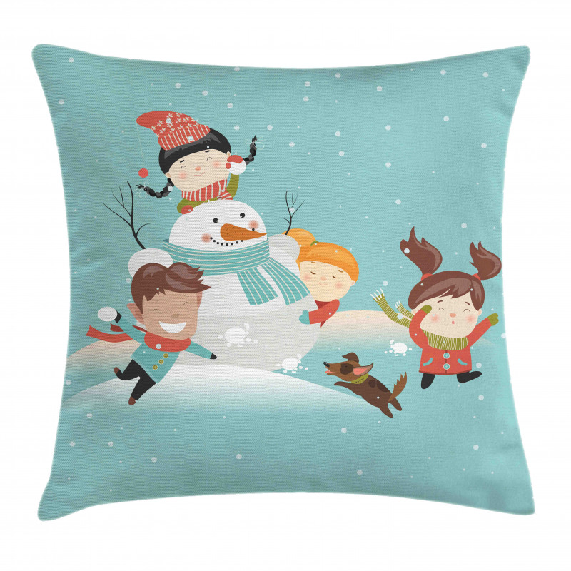 Cartoon of Kids Having Fun Pillow Cover