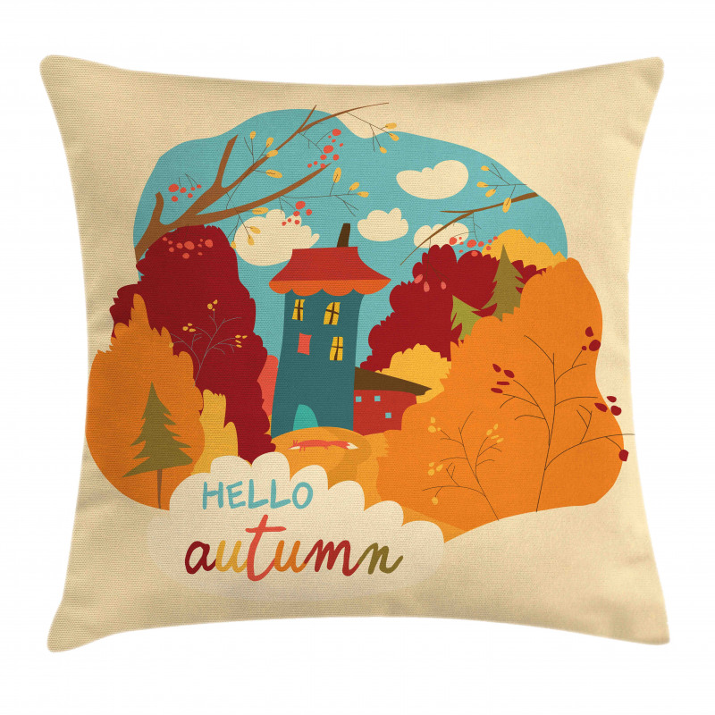 Fall Leaves Trees and House Pillow Cover