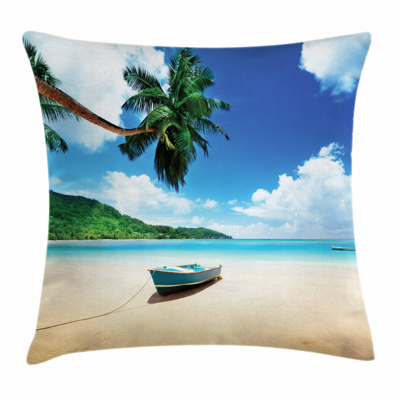 Boat on Beach Mahe Island Pillow Cover