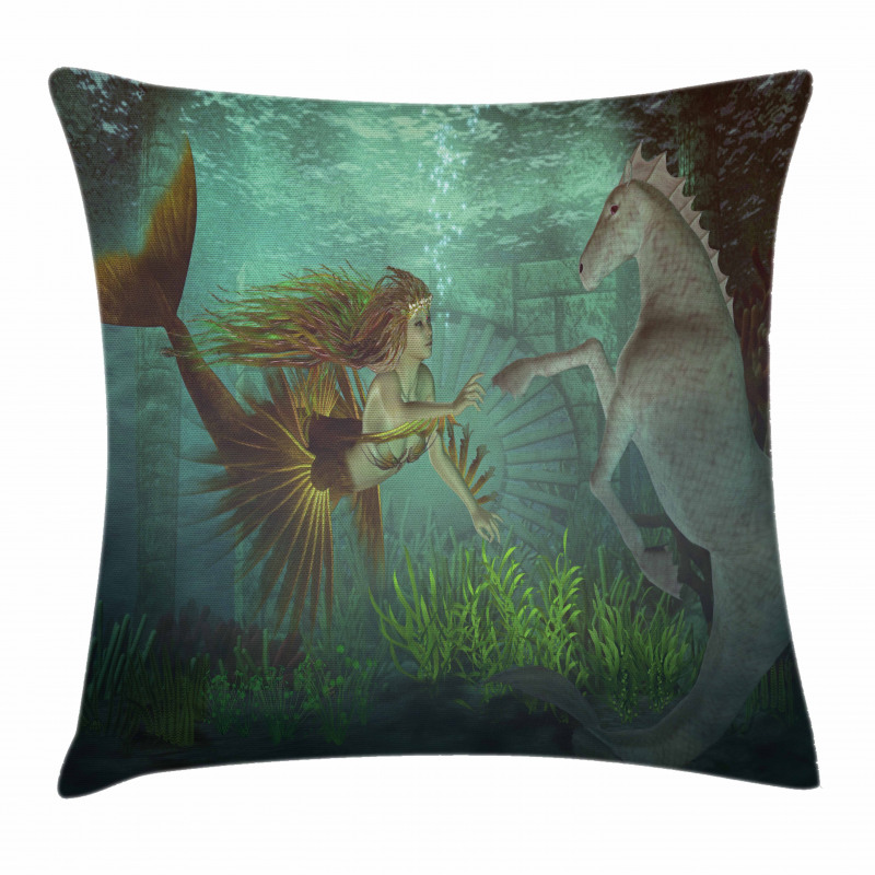 Mermaid with Seahorse Pillow Cover