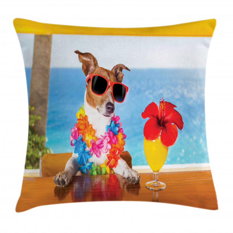 Cool Dog Sitting at Beach Bar Pillow Cover