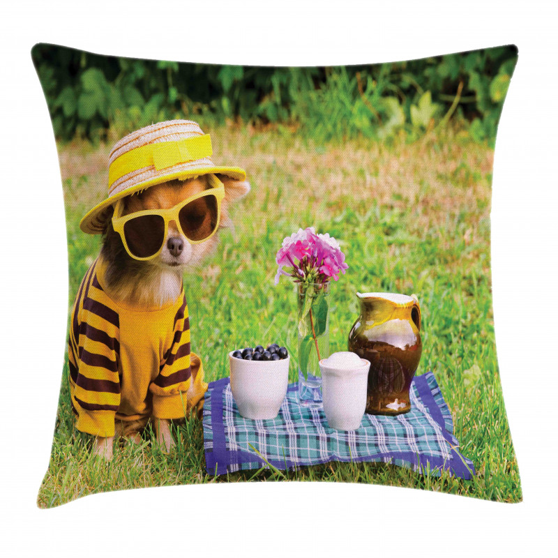 Clothed Puppy at Picnic Pillow Cover